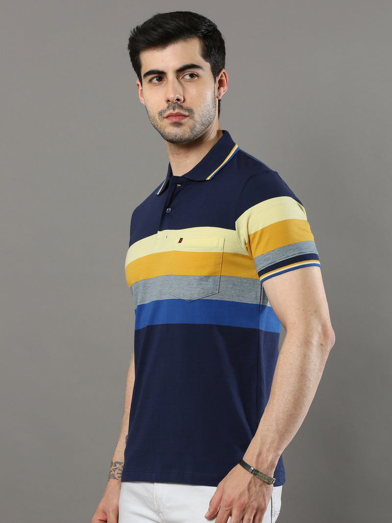 Shop Men's Multicolors Stripes Regular Fit Polo Neck Half Sleeves T-Shirt Online.