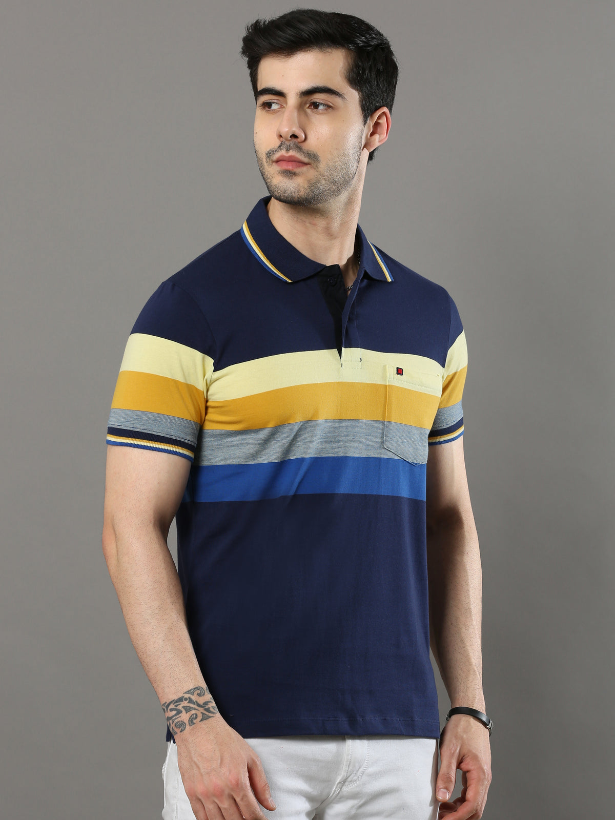 Shop Men's Multicolors Stripes Regular Fit Polo Neck Half Sleeves T-Shirt Online.