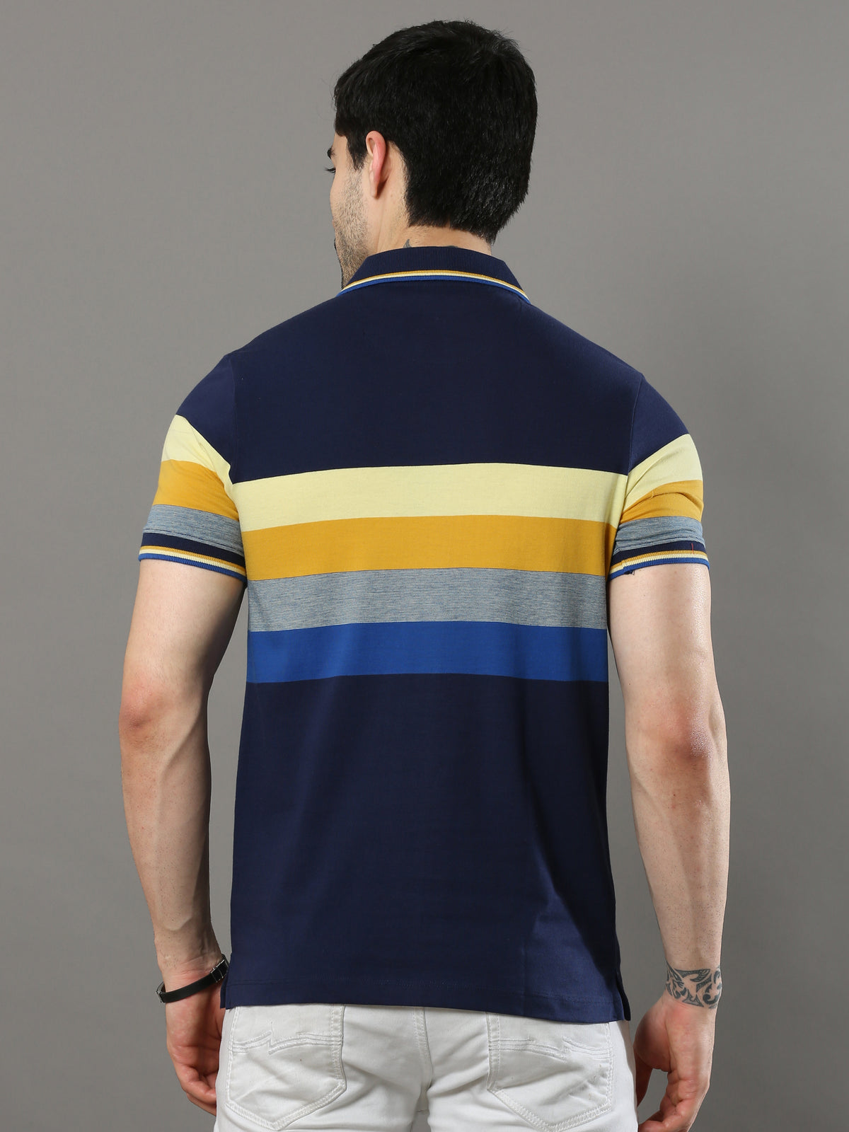 Shop Men's Multicolors Stripes Regular Fit Polo Neck Half Sleeves T-Shirt Online.