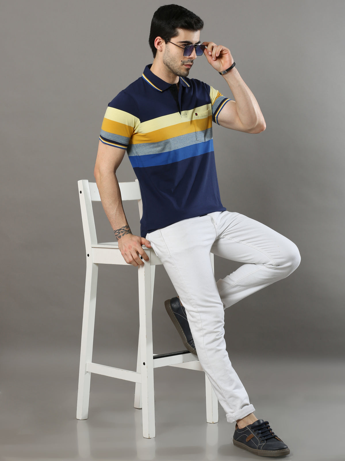 Shop Men's Multicolors Stripes Regular Fit Polo Neck Half Sleeves T-Shirt Online.