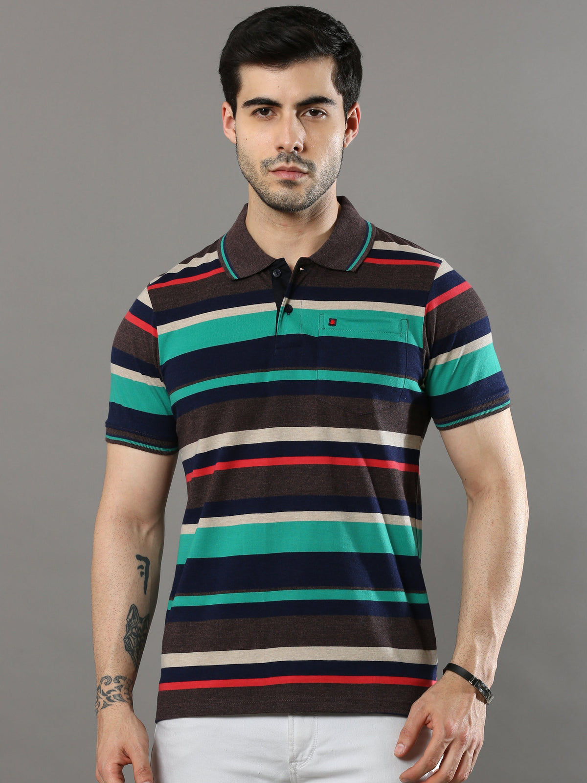 Shop Men's Multicolors Stripe Regular Fit Half Sleeves Polo NeckT-Shirt Online.