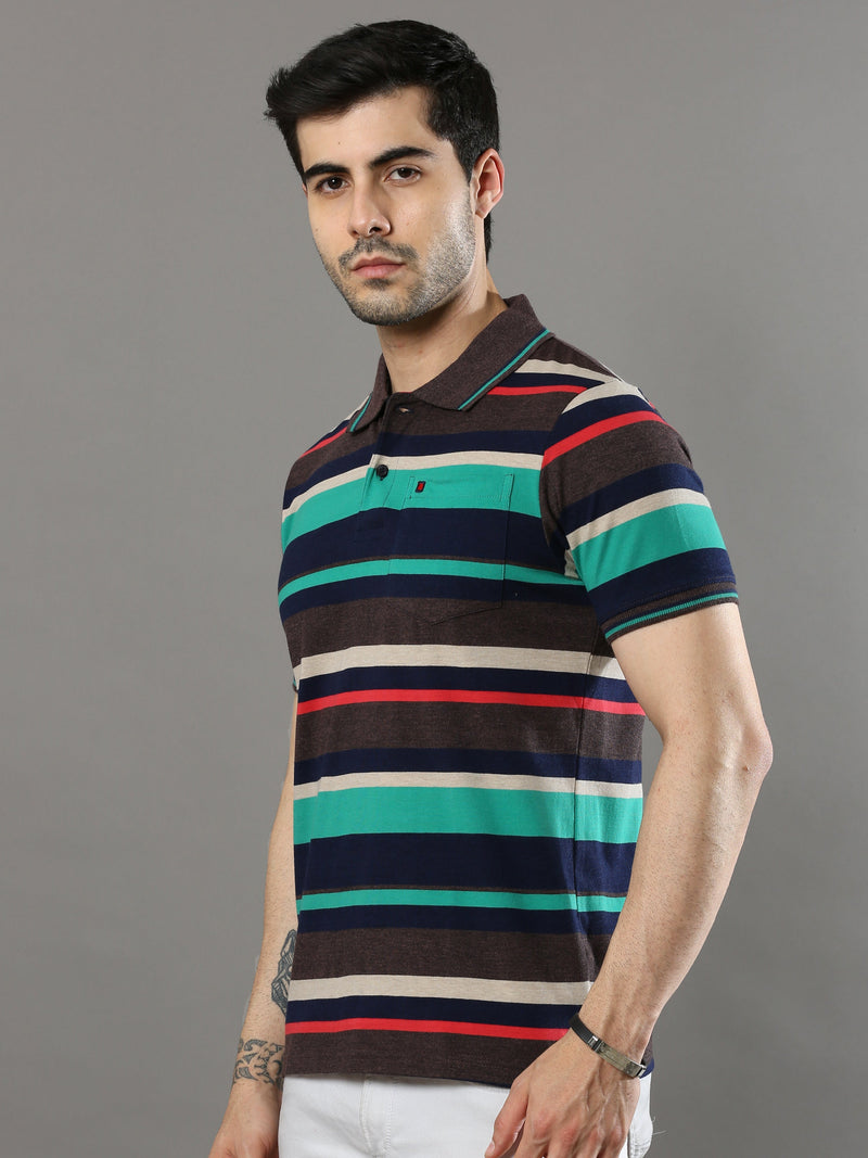 Shop Men's Multicolors Stripe Regular Fit Half Sleeves Polo NeckT-Shirt Online.