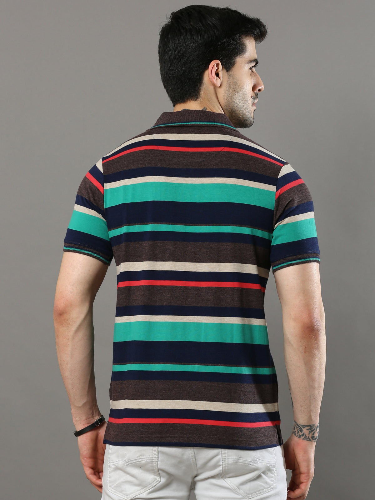 Shop Men's Multicolors Stripe Regular Fit Half Sleeves Polo NeckT-Shirt Online.