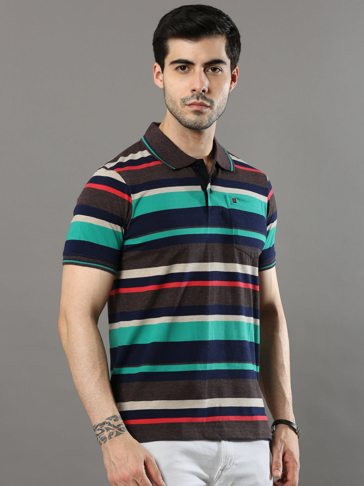 Shop Men's Multicolors Stripe Regular Fit Half Sleeves Polo NeckT-Shirt Online.