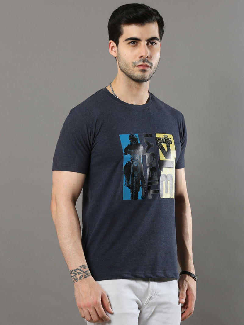 Shop Men's Blue Printed Regular Fit Half Sleeves Crew Neck T-Shirt Online.