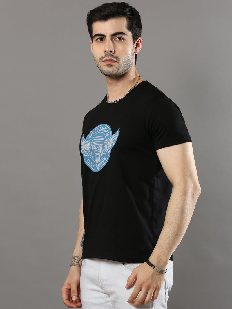 Shop Men's Black Printed Regular Fit Half Sleeves Crew Neck T-Shirt Online.