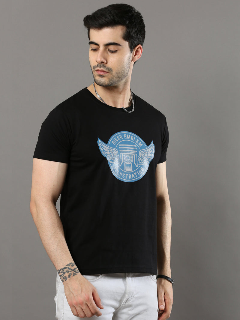 Shop Men's Black Printed Regular Fit Half Sleeves Crew Neck T-Shirt Online.