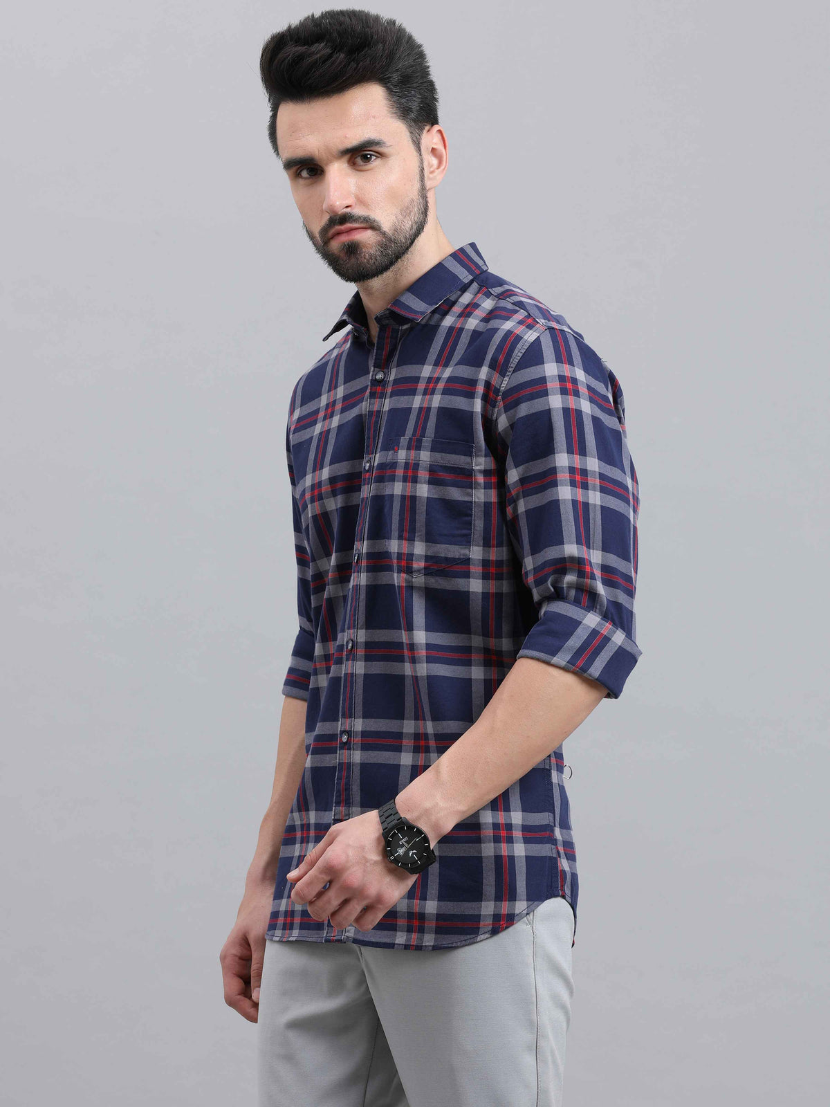 Men's Navy Slim Fit Checks Full Sleeves Casual Shirts