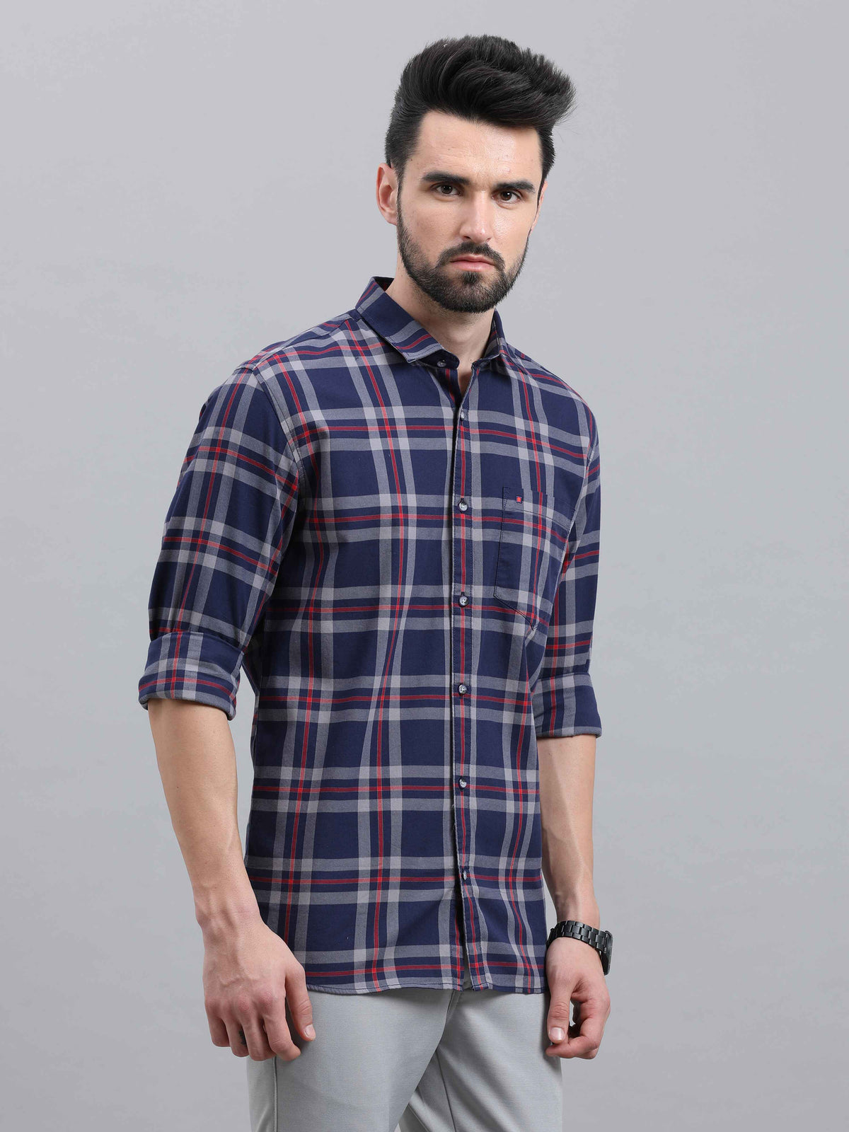 Men's Navy Slim Fit Checks Full Sleeves Casual Shirts