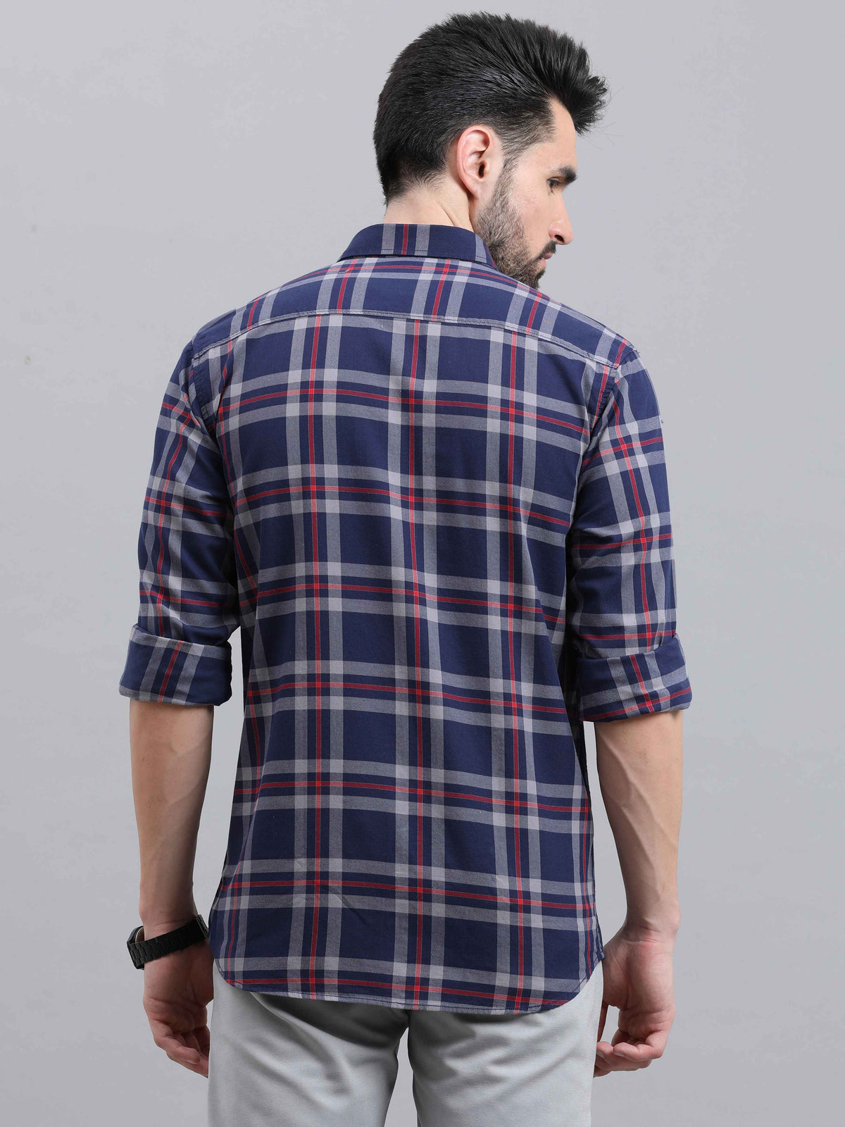 Men's Navy Slim Fit Checks Full Sleeves Casual Shirts
