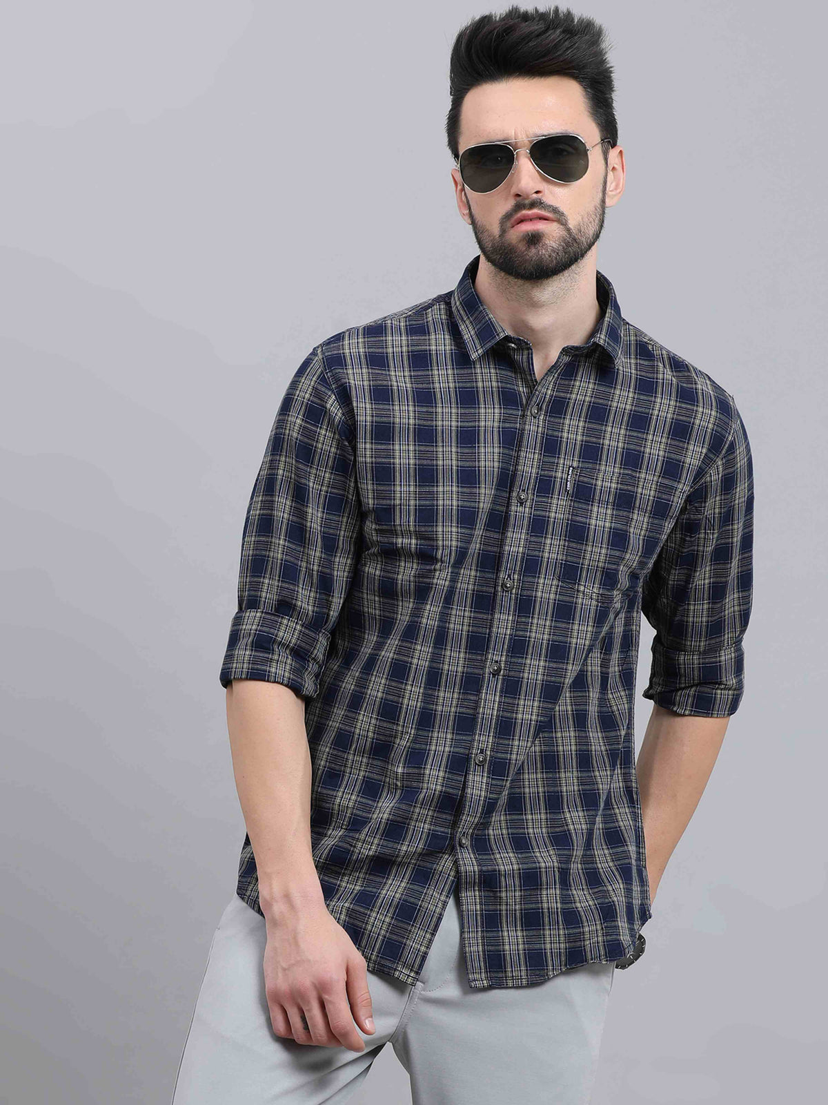 Men's Navy Slim Fit Checks Full Sleeves Casual Shirts