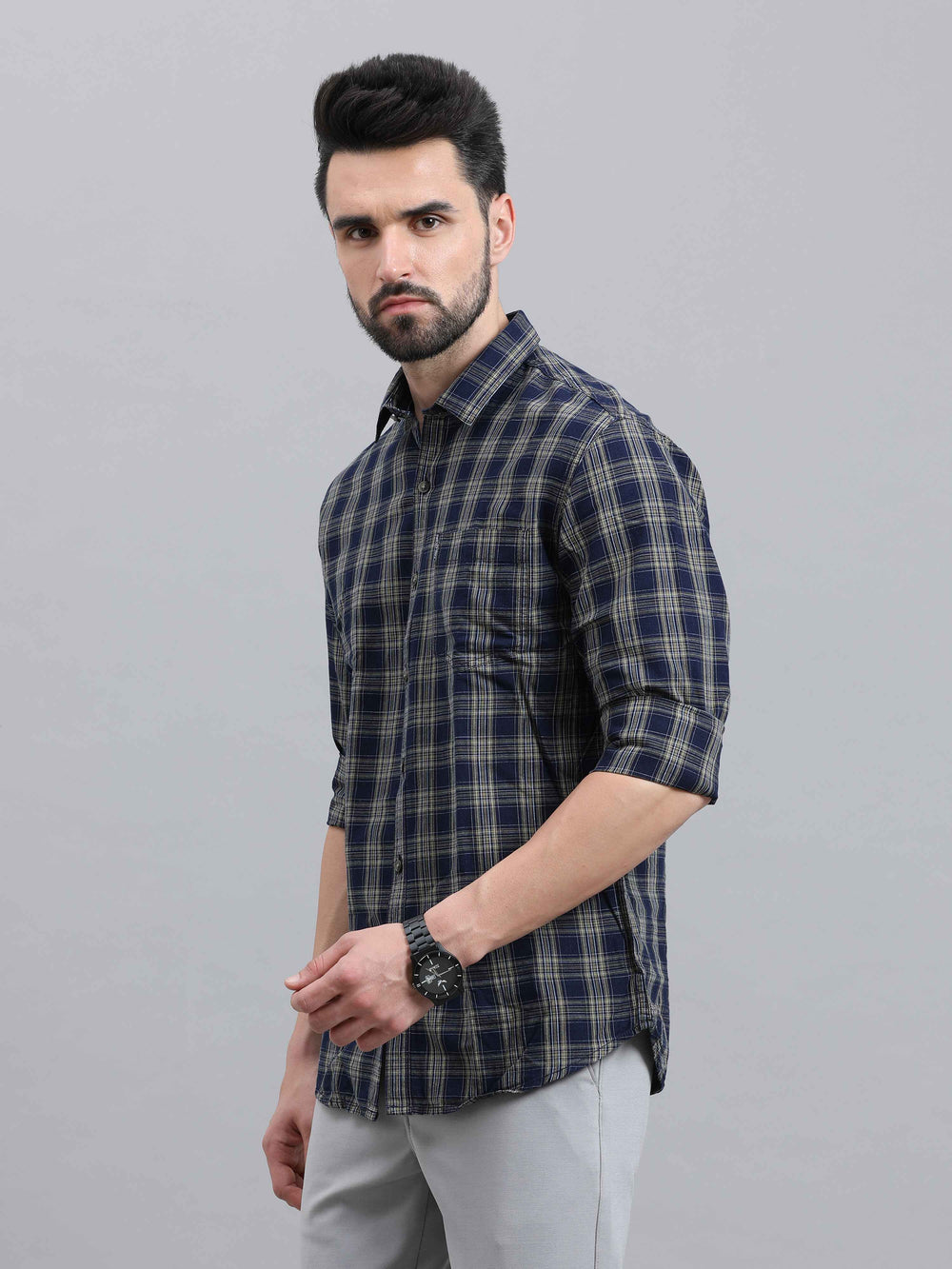 Men's Navy Slim Fit Checks Full Sleeves Casual Shirts