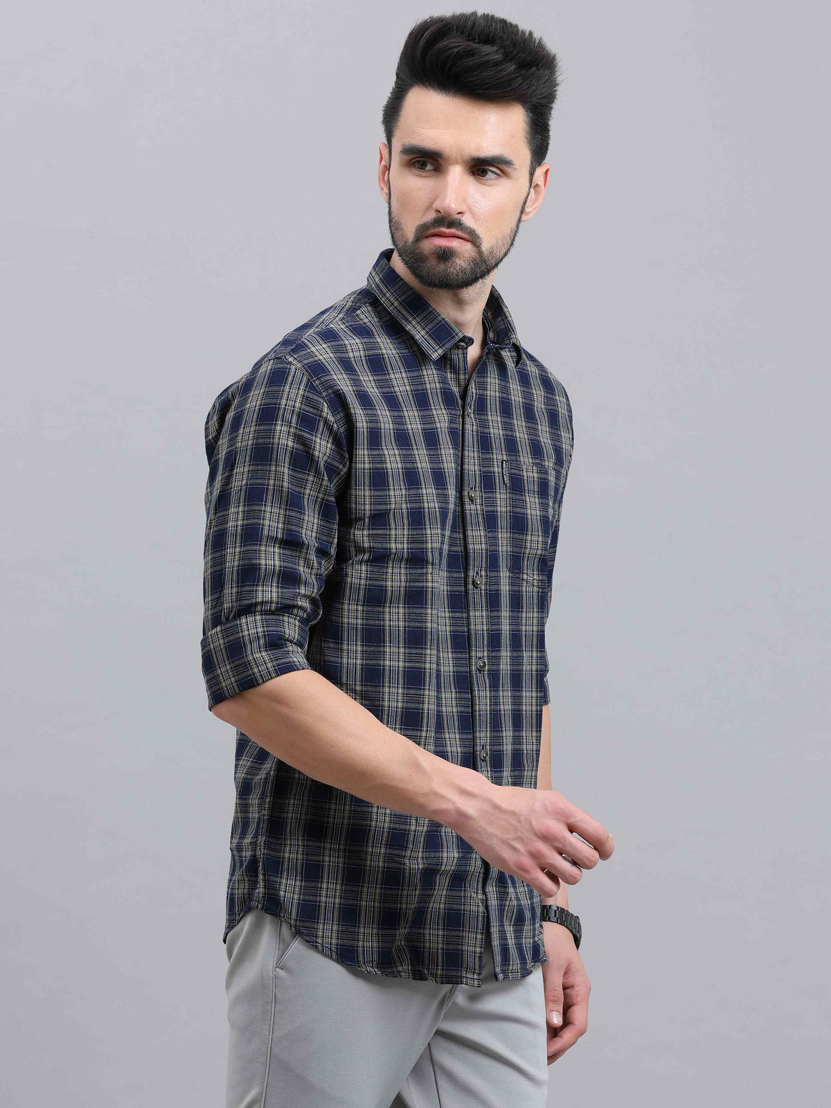Men's Navy Slim Fit Checks Full Sleeves Casual Shirts