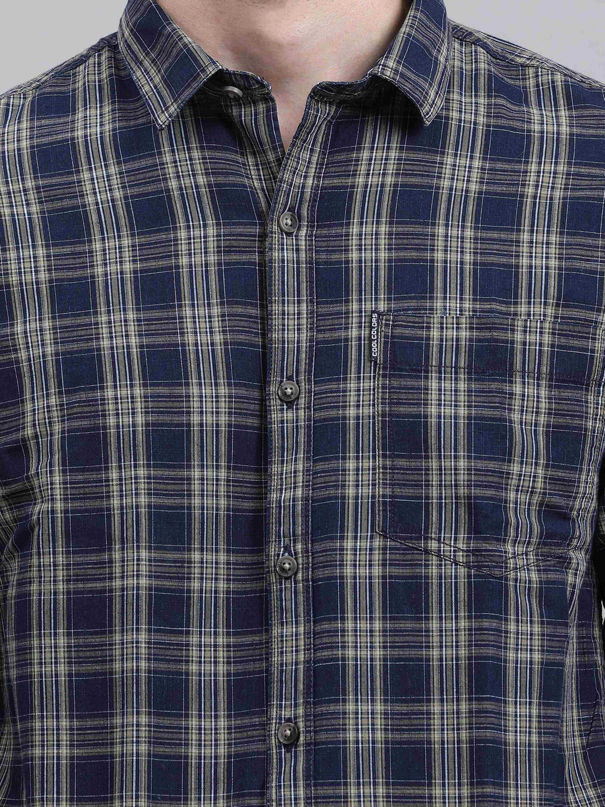 Shop Men's Navy Slim Fit Checks Full Sleeves Casual Shirts Online.