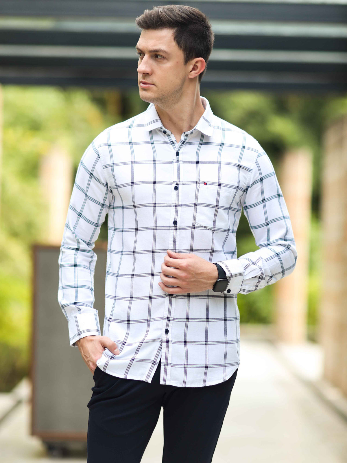 Men's White Slim Fit Checks Full Sleeves Casual Shirts