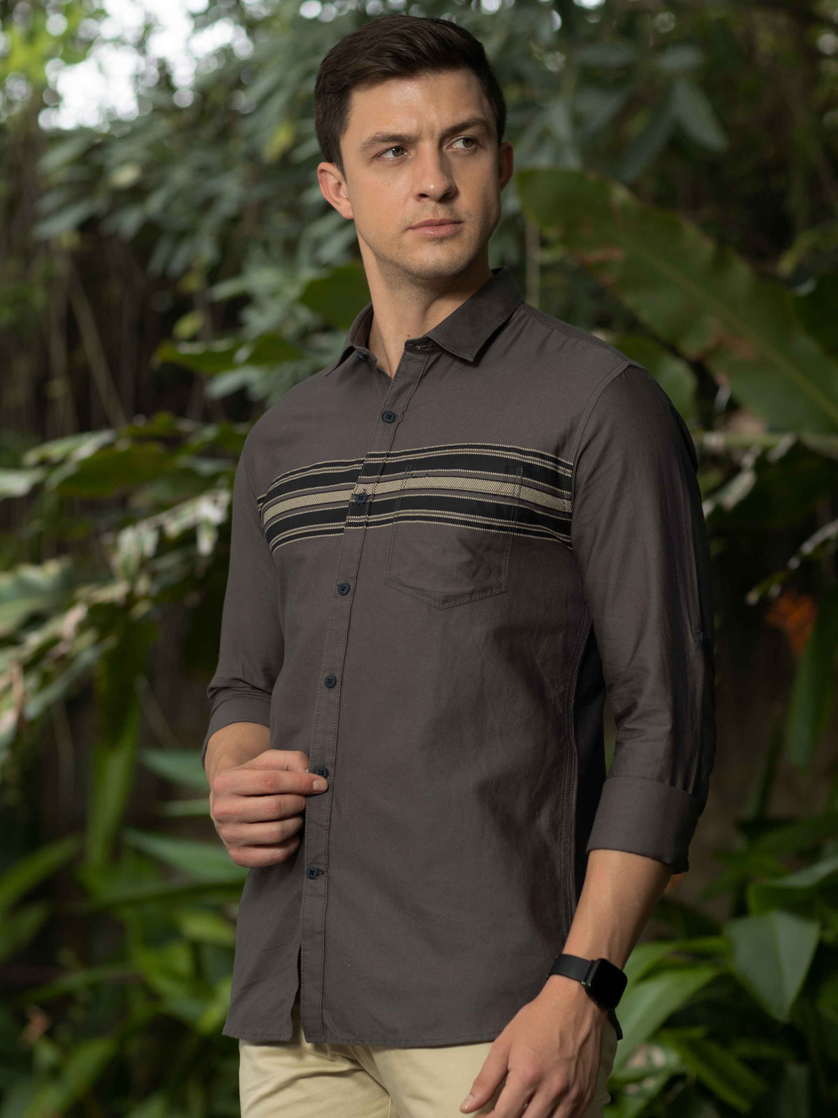 Men's Dark Grey Slim Fit Stripes Full Sleeves Casual Shirts