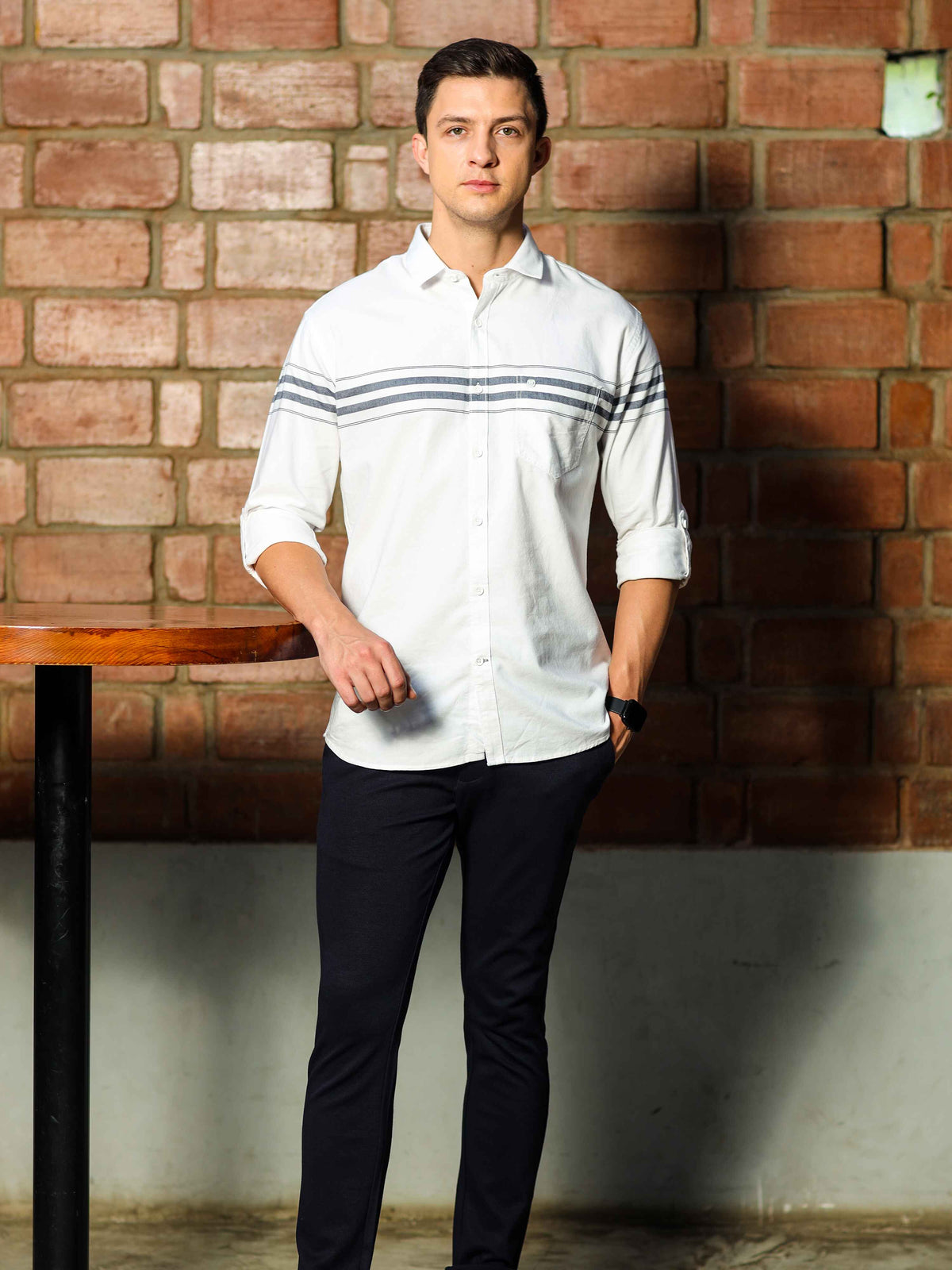 Shop Men's White Slim Fit Stripes Full Sleeves Casual Shirts Online.