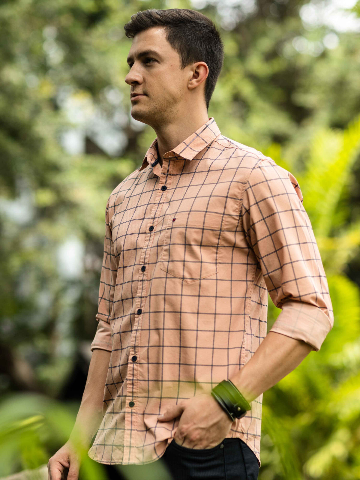 Men's Orange Slim Fit Checks Full Sleeves Casual Shirts