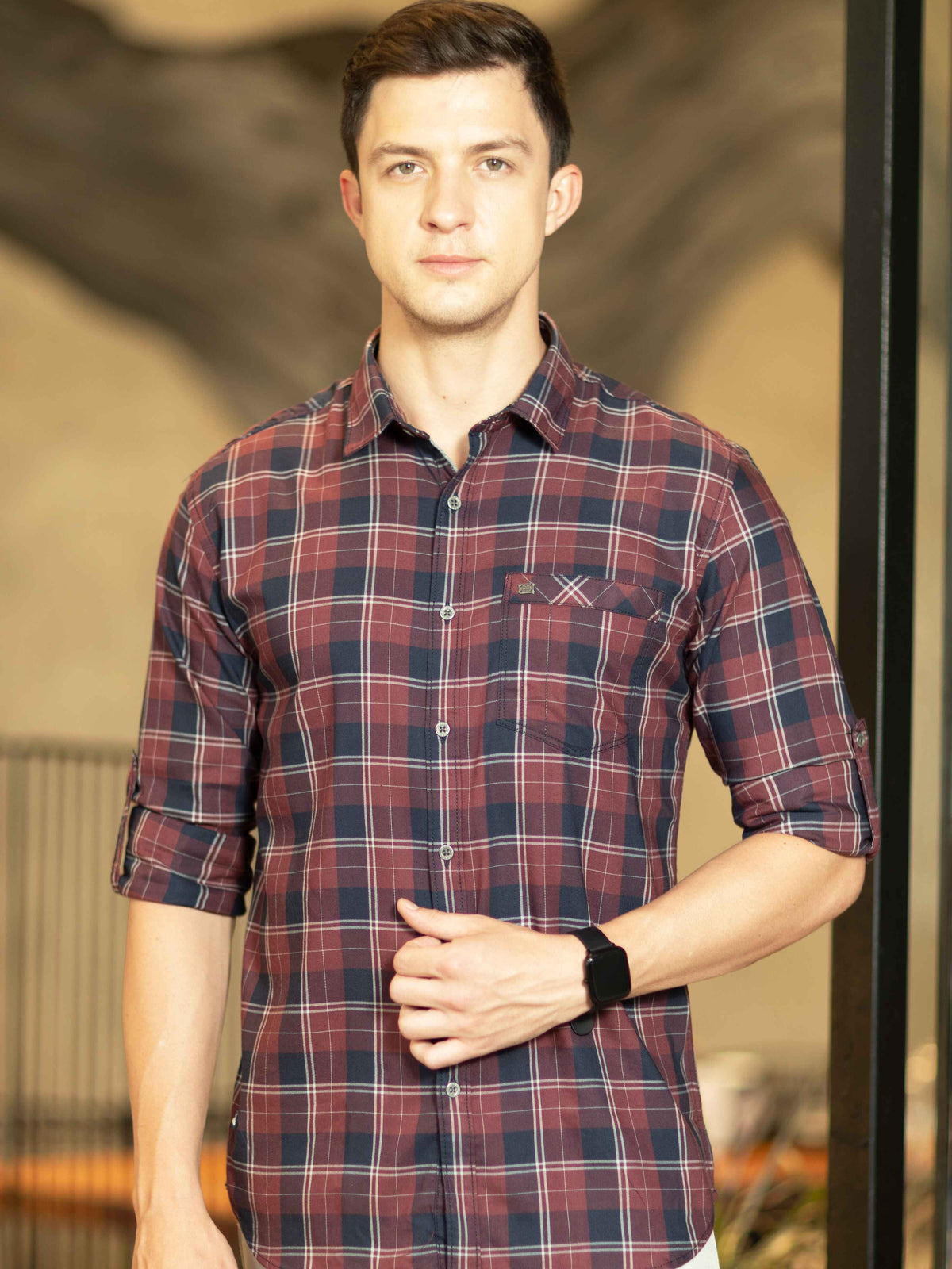 Shop Men's Maroon Slim Fit Checks Full Sleeves Casual Shirts Online.