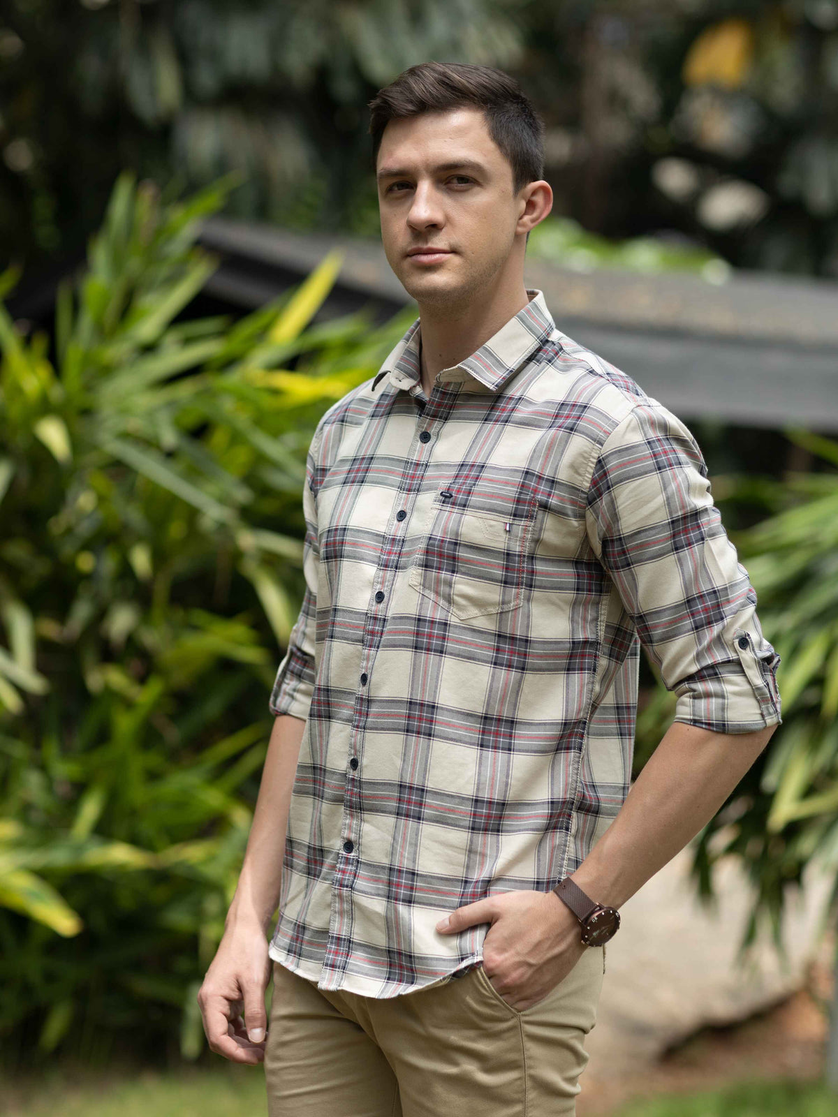 Shop Men's Beige Slim Fit Checks Full Sleeves Casual Shirts Online.