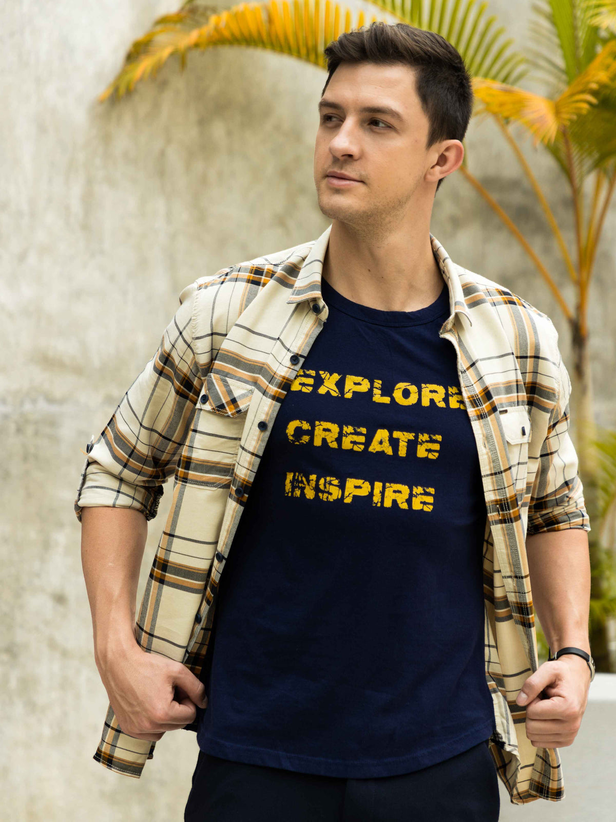 Men's Beige Slim Fit Checks Full Sleeves Casual Shirts With Inside Attached T-shirt