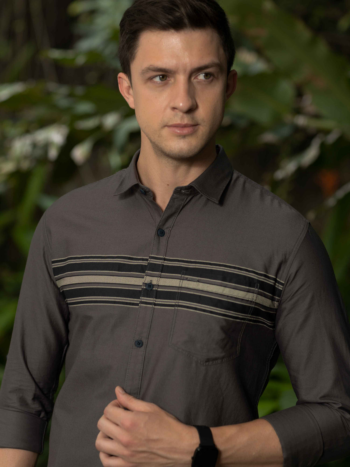 Men's Dark Grey Slim Fit Stripes Full Sleeves Casual Shirts