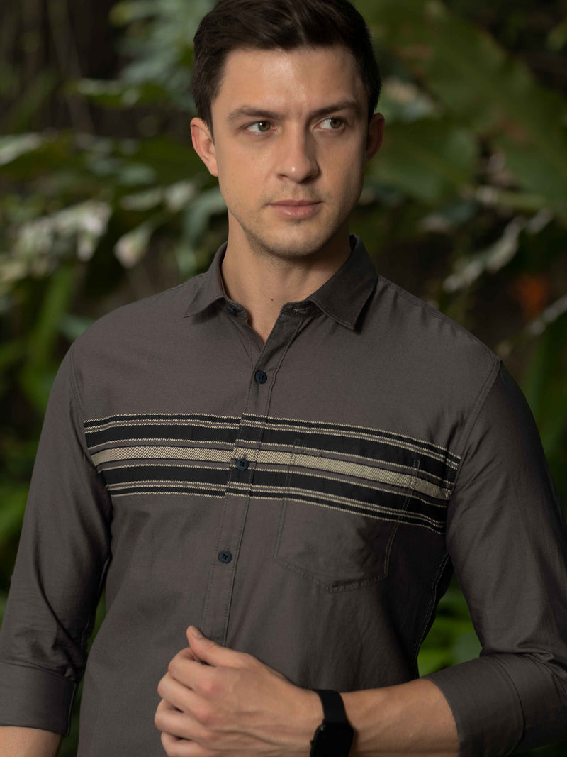 Shop Men's Grey Slim Fit Stripes Full Sleeves Casual Shirts Online.