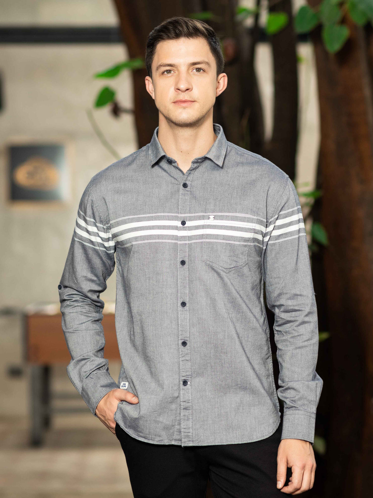 Shop Men's Grey Slim Fit Stripes Full Sleeves Casual Shirts Online.