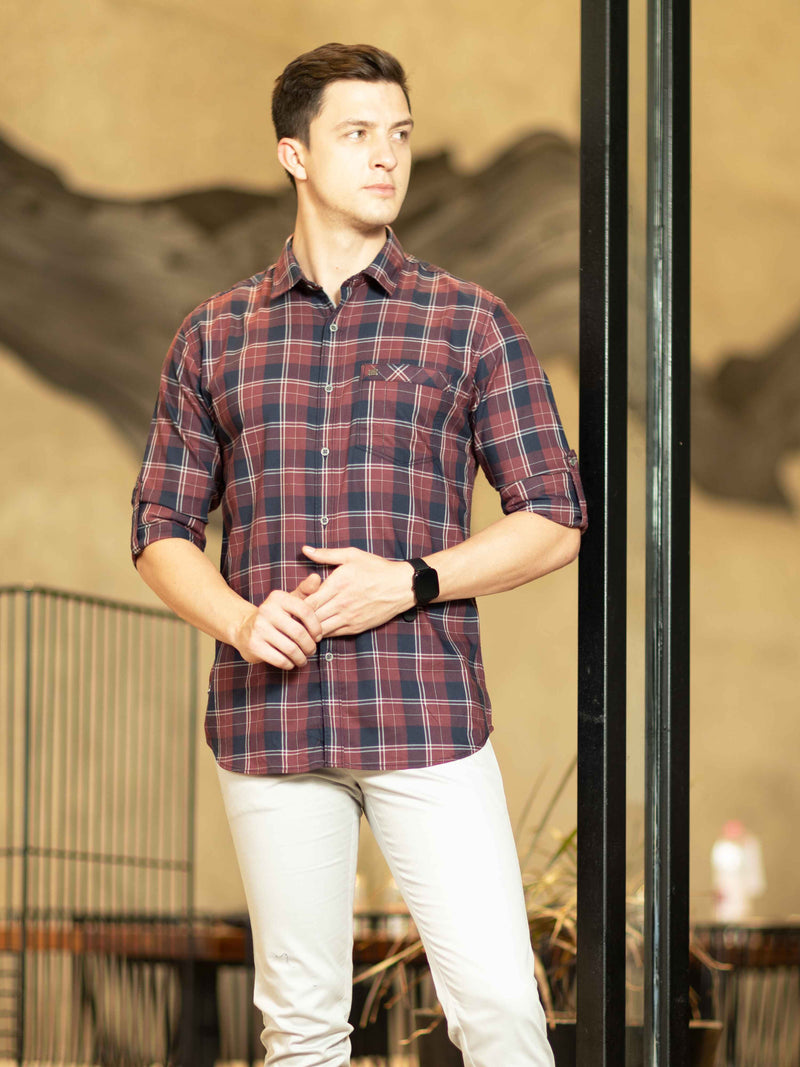 Shop Men's Maroon Slim Fit Checks Full Sleeves Casual Shirts Online.