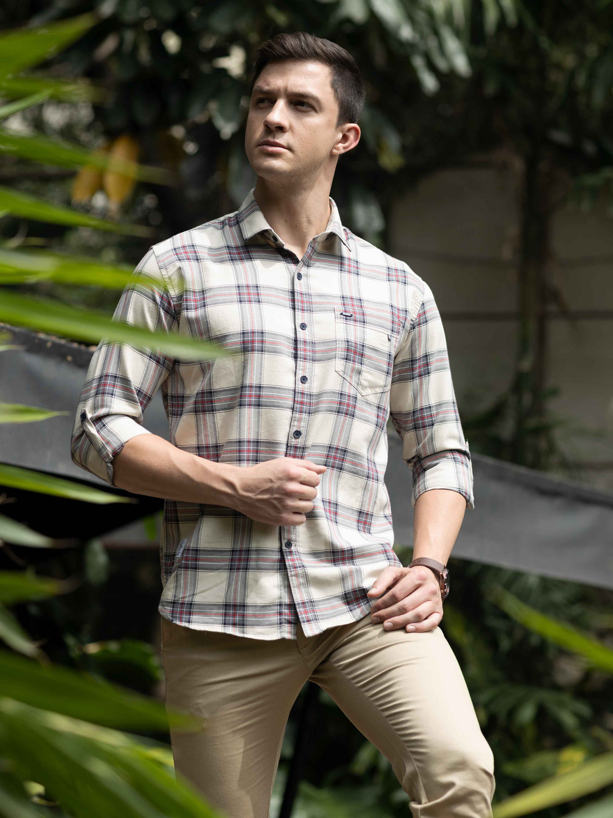 Shop Men's Beige Slim Fit Checks Full Sleeves Casual Shirts Online.