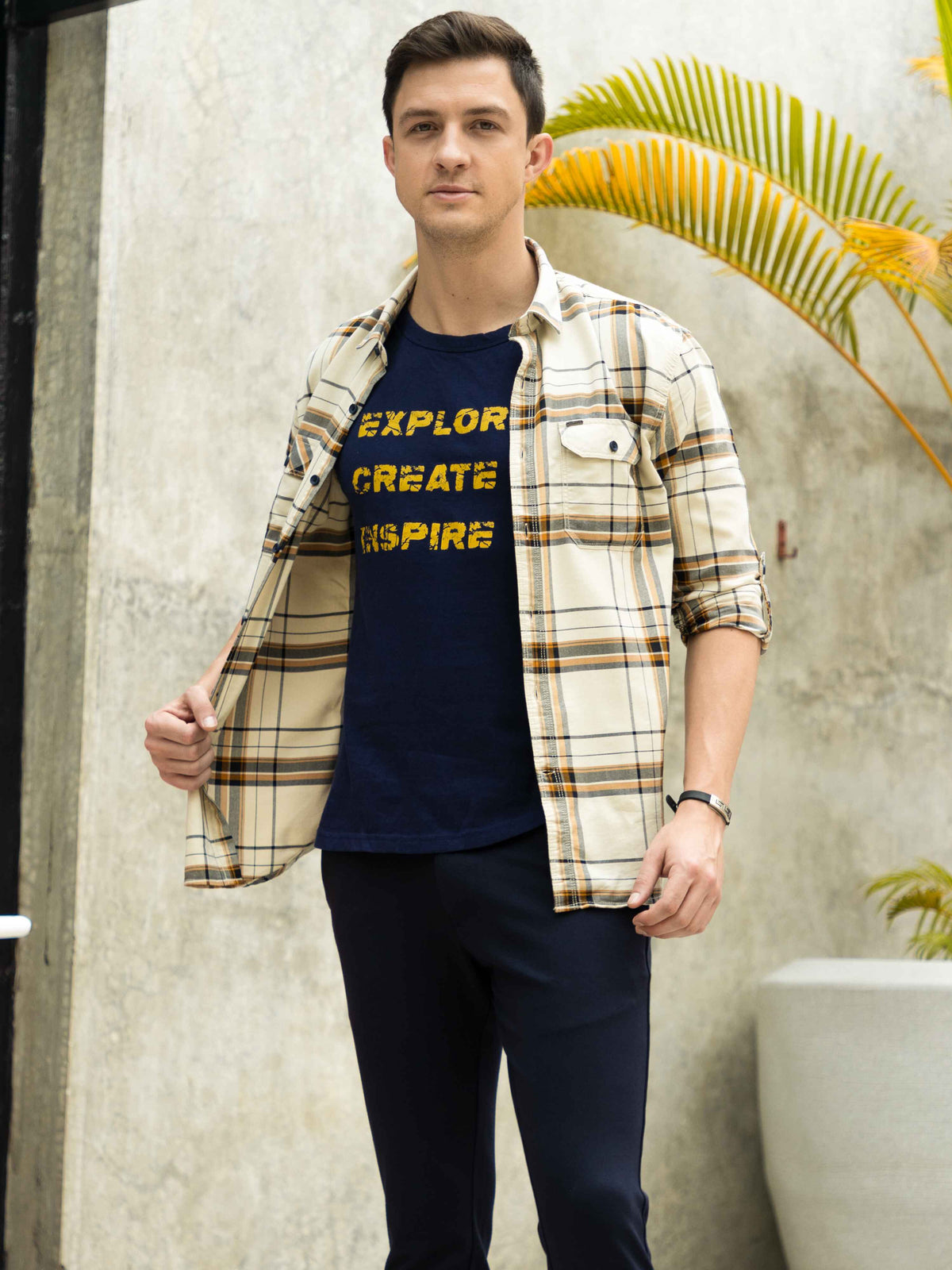 Men's Beige Slim Fit Checks Full Sleeves Casual Shirts With Inside Attached T-shirt