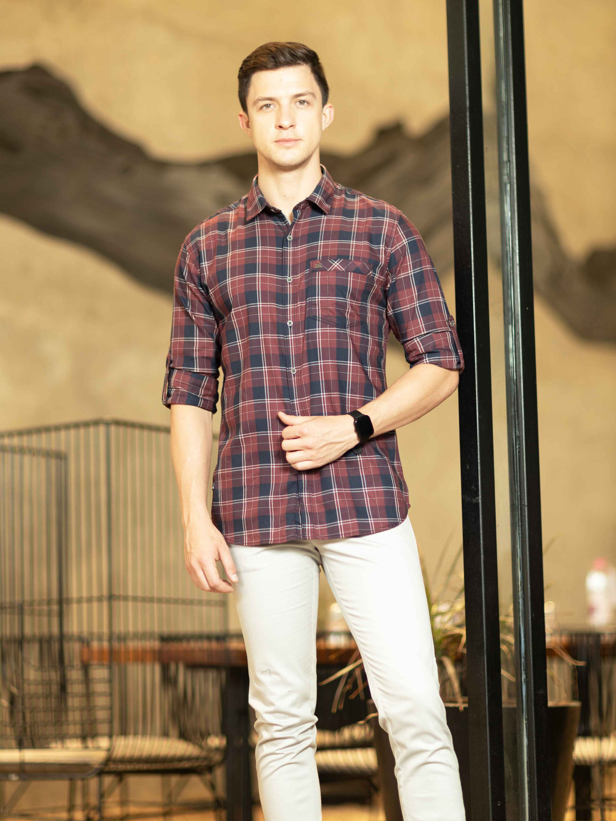 Shop Men's Maroon Slim Fit Checks Full Sleeves Casual Shirts Online.