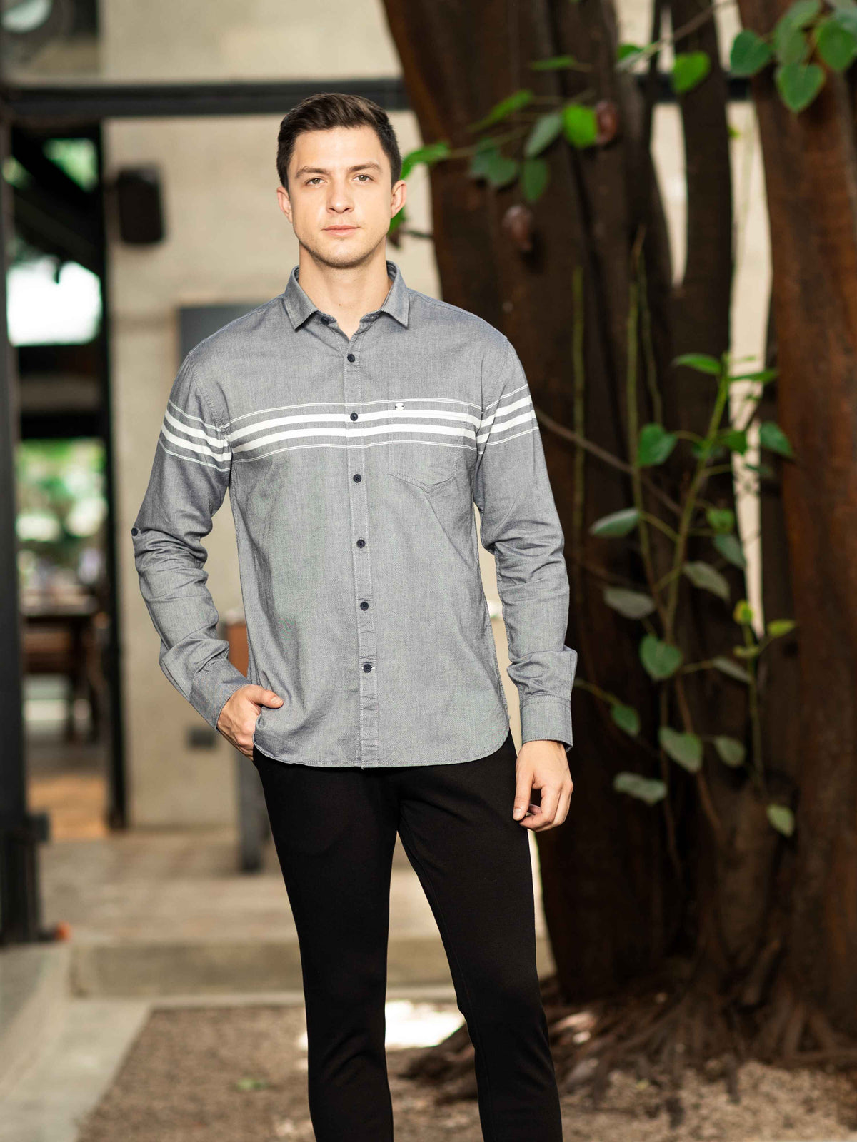 Shop Men's Grey Slim Fit Stripes Full Sleeves Casual Shirts Online.