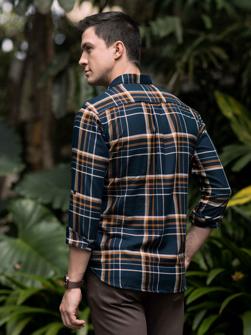 Shop Men's Navy Slim Fit Checks Full Sleeves Casual Shirts With Inside Attached T-shirt Online.