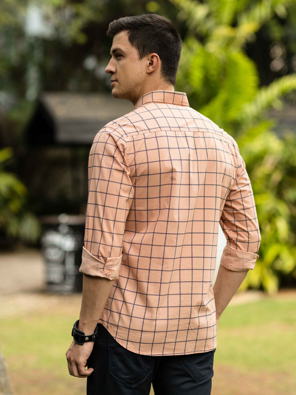 Men's Orange Slim Fit Checks Full Sleeves Casual Shirts