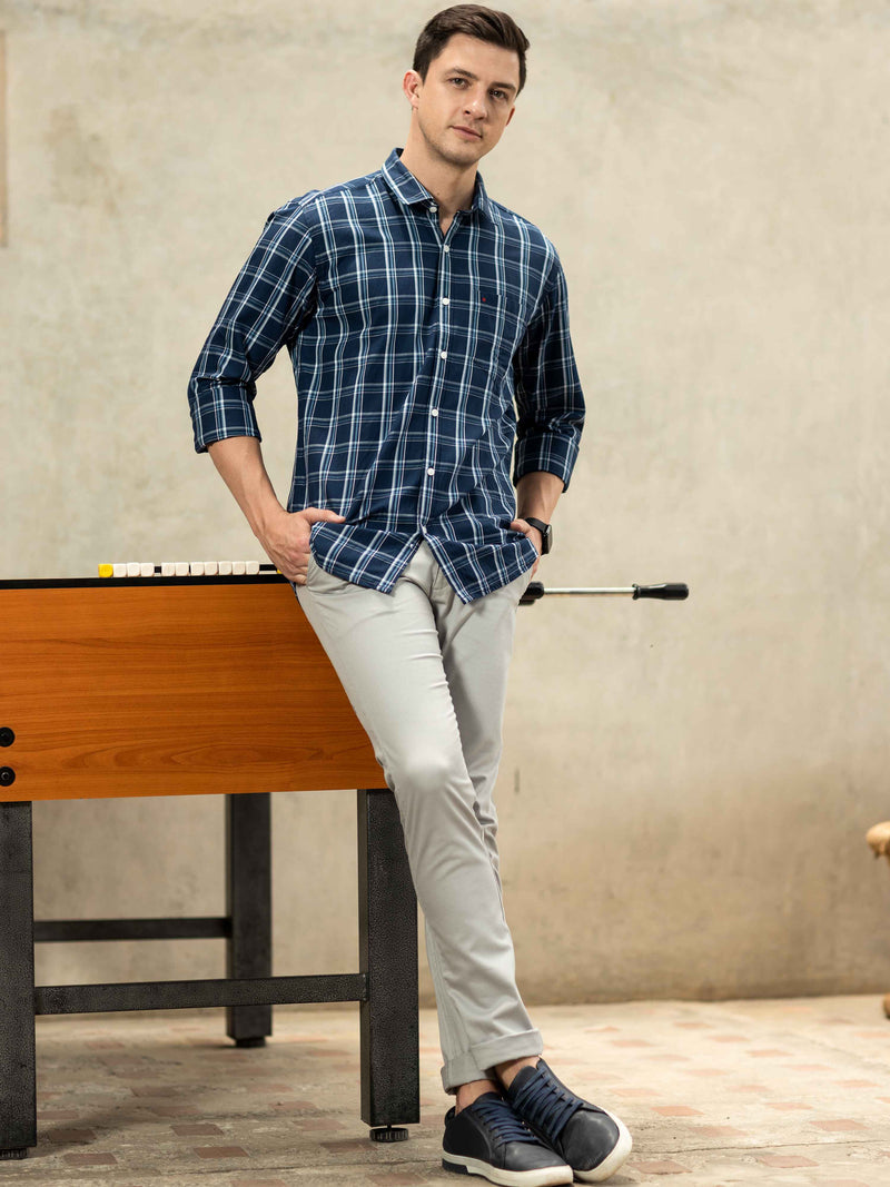 Shop Men's Navy Slim Fit Checks Full Sleeves Casual Shirts Online.