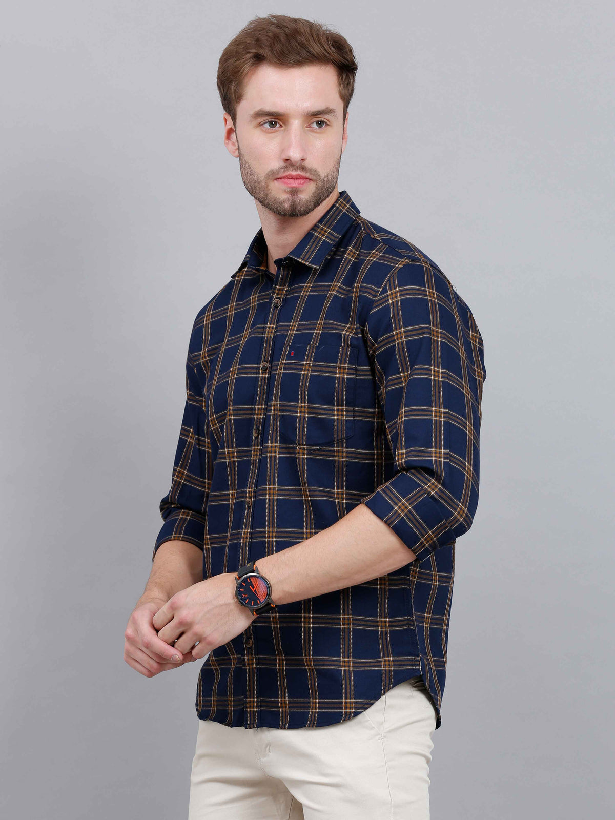 Shop Men's Navy Slim Fit Checks Full Sleeves Casual Shirts Online.