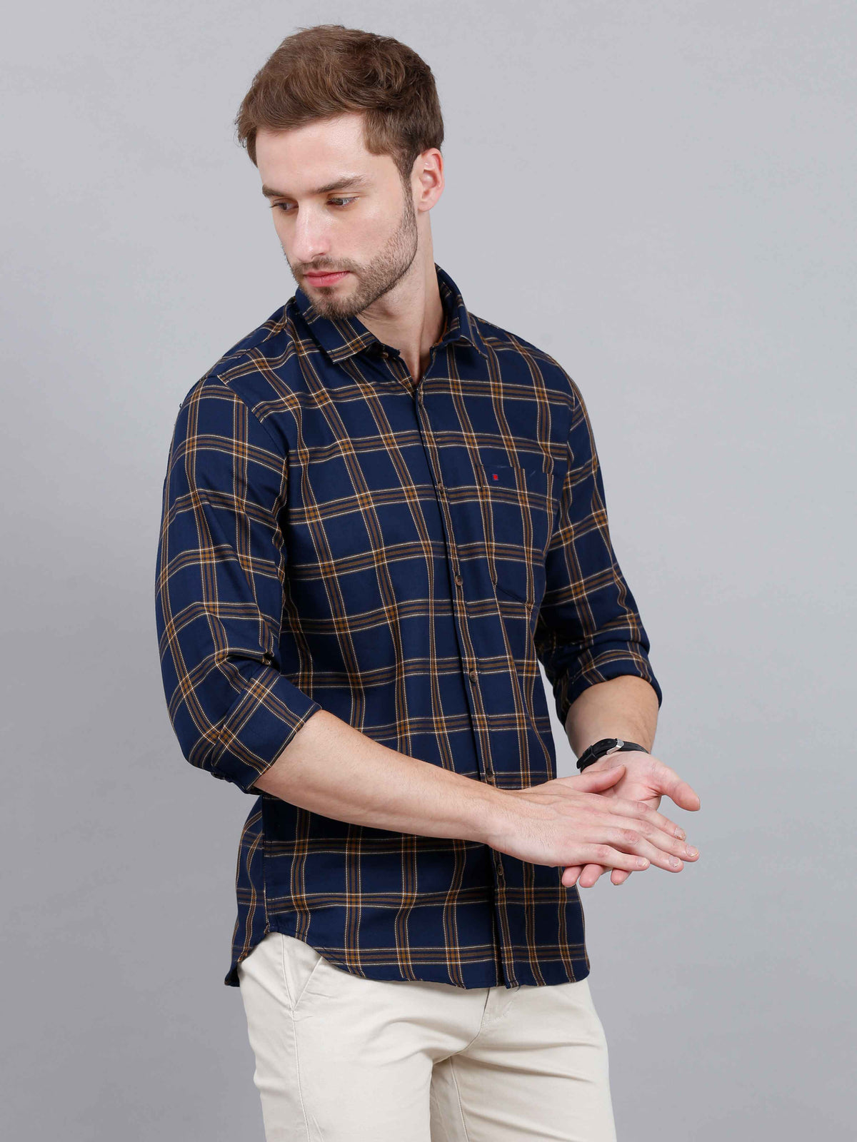 Men's Navy Slim Fit Checks Full Sleeves Casual Shirts