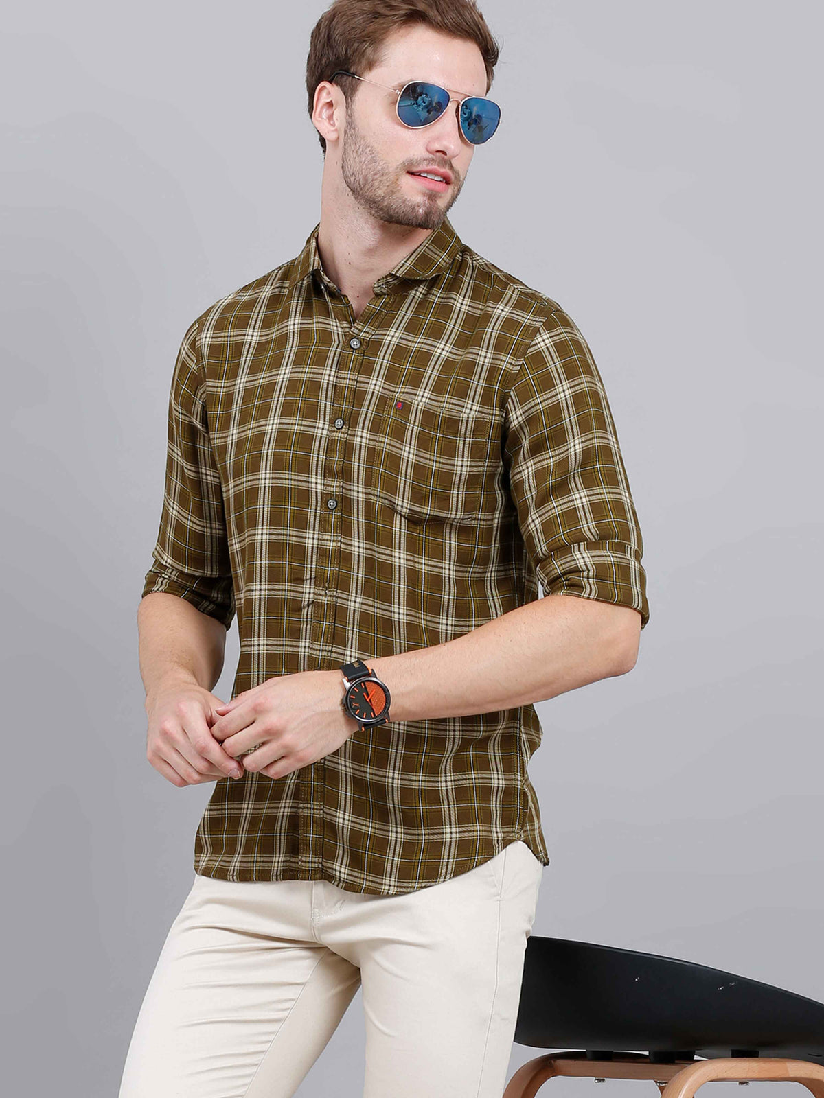 Men's Olive Slim Fit Checks Full Sleeves Casual Shirts