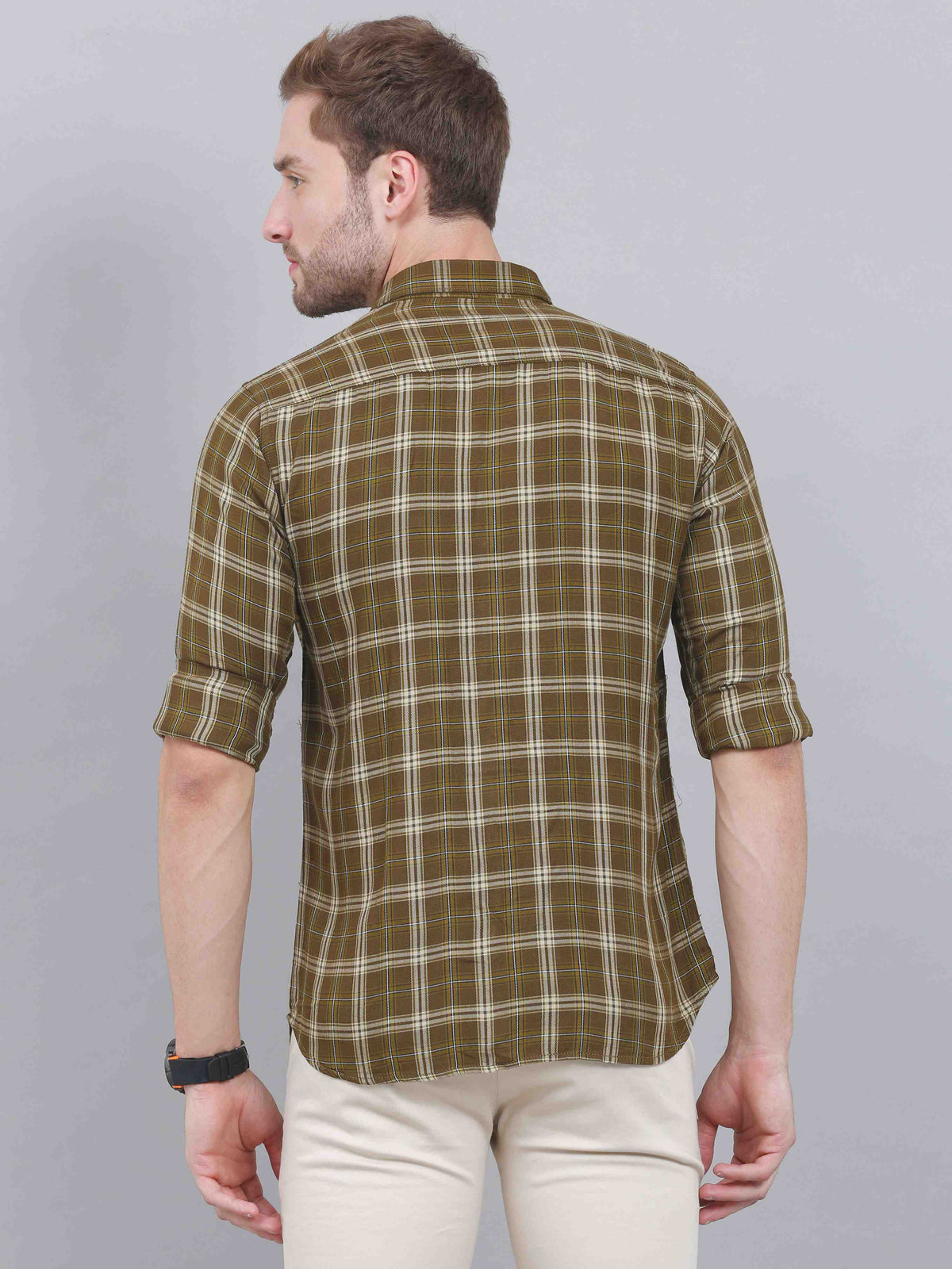 Men's Olive Slim Fit Checks Full Sleeves Casual Shirts