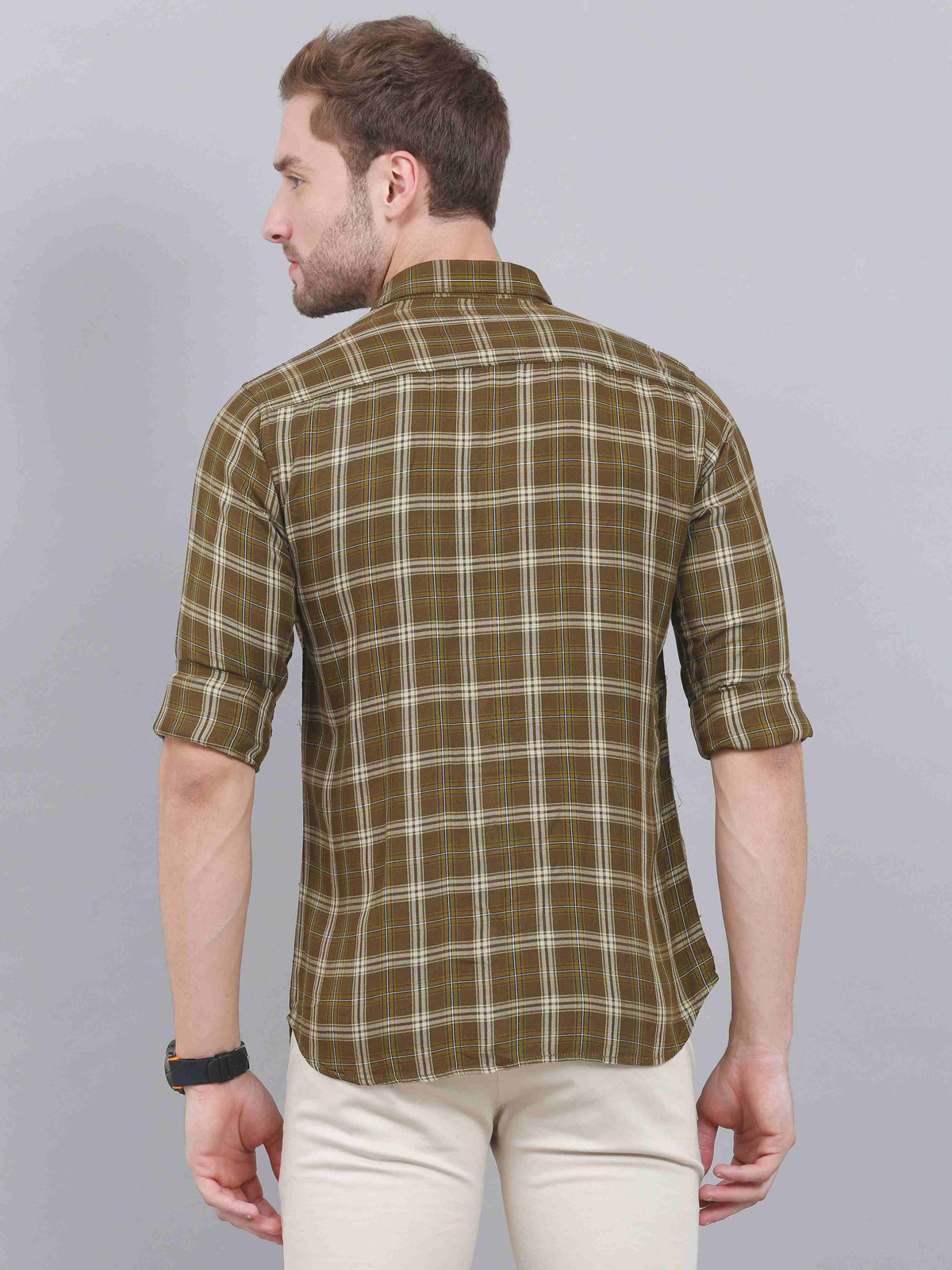 Men's Olive Slim Fit Checks Full Sleeves Casual Shirts