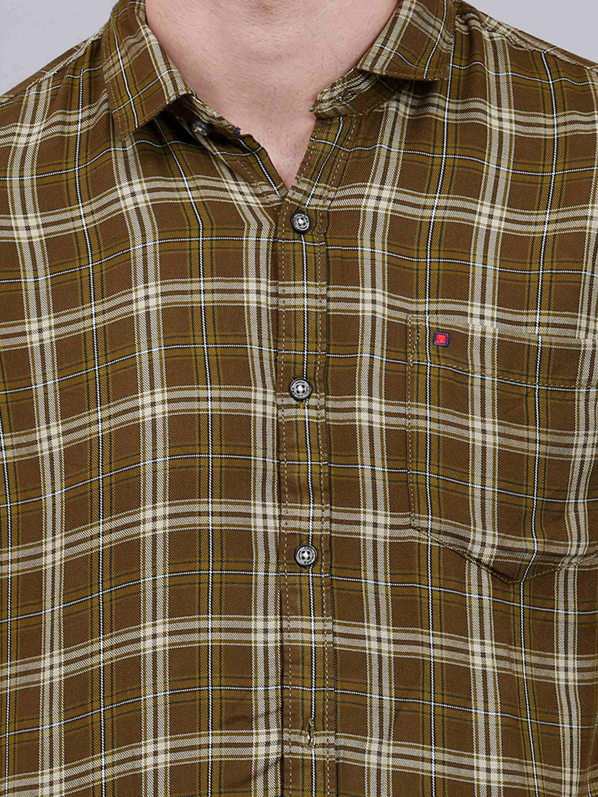 Men's Olive Slim Fit Checks Full Sleeves Casual Shirts